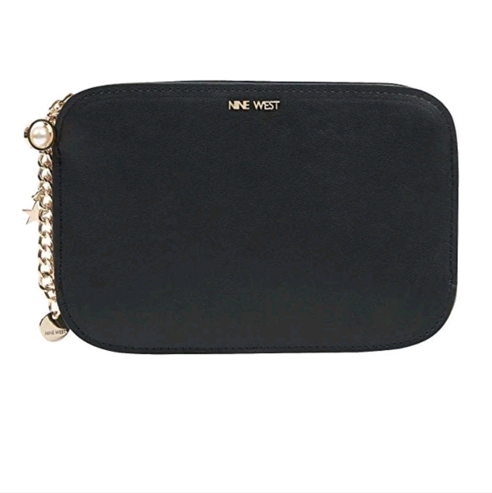 Nine West Black Clutch Wristlet, Gold Chain And Charms. Zip Top Bag Purse